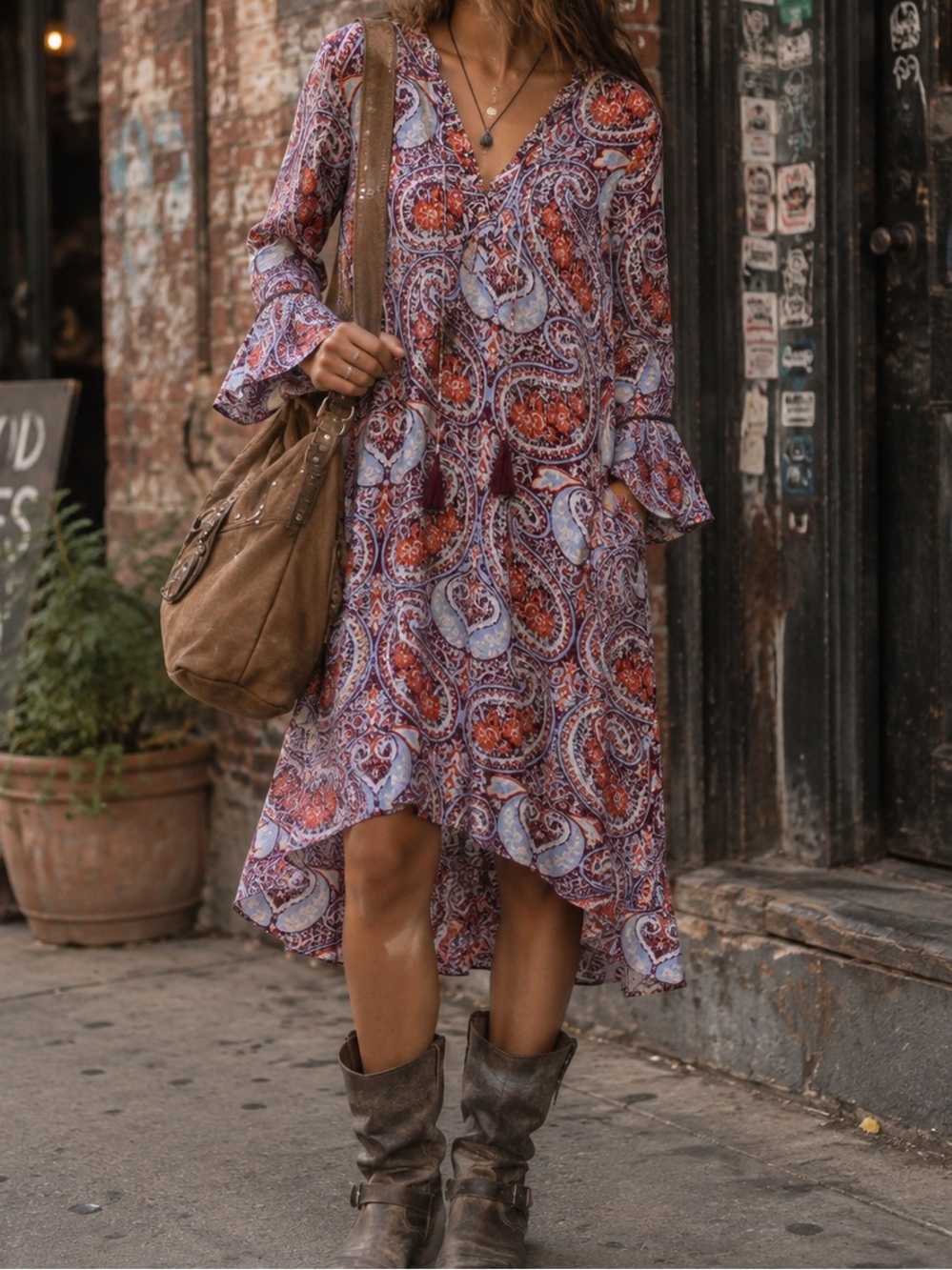 En Crème Paisley Boho Bell Sleeve High Low Dress Women’s S
